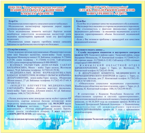 ШЖҚ МКК  «Талас аудандық орталақ ауруханасы»  Пациентті қолдау және ішкі бақылау қызметі